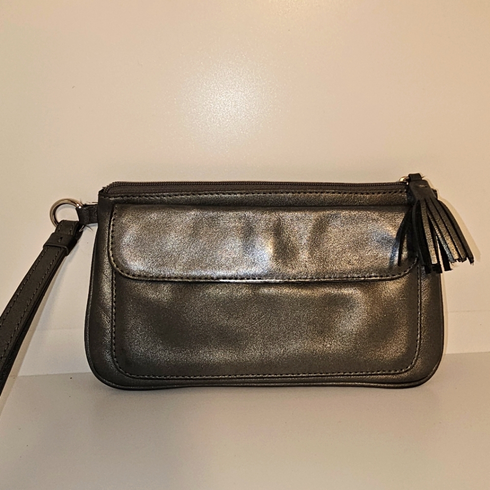 Ann Taylor Loft Metallic Gray Leather Clutch with Wristlet EUC